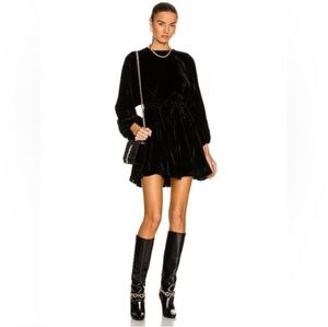 Rhode Ella Black Velvet Braided Belt Puff Sleeve Ruffle A Line Tunic Mini Dress